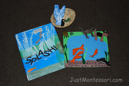 I used little a wooden cat and dog from the craft store and painted them to match the animals in the book. The fish are made from clay. I found the small turtles at a craft store as well and made the pond with felt.