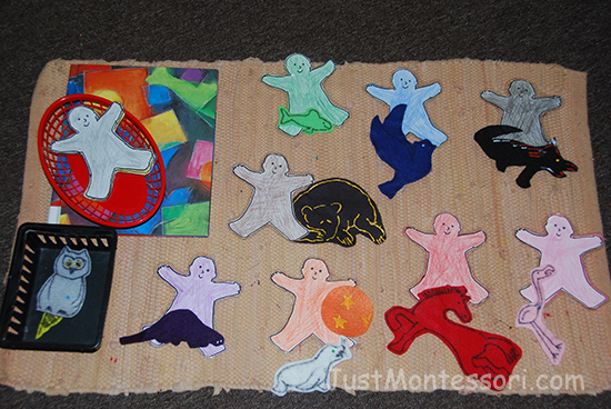 This is the book, 'My Many Colored Days' by Dr Seuss. I traced an outline of the body character, colored, and laminated them. I then used felt to make the animals that relate to each color character.