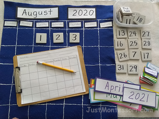 One of the teachers had this type of calendar work in her classroom. I thought it was a great idea and had to make one for my own classroom. I used puff paint to define the spaces and used small tiles to write the numbers on. then I made all the months and days of the week using different colored card stock paper. 