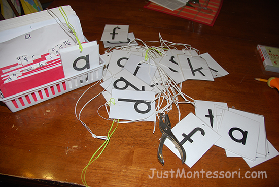 I needed to redo some of the necklaces for letter sound lessons. You can see how the k is bent. Materials should always be beautiful so some of these have to be remade each year. How these are used can also be found in the Language area of the curriculum pages. 