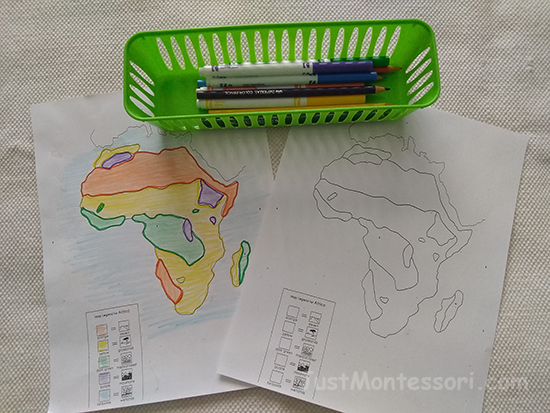 This is a coloring page of the biome map of Africa. It is a basic one. Some older children like to also add rivers to it. The Montessori Africa Biome Map  can be found on many websites selling Montessori geography materials. 