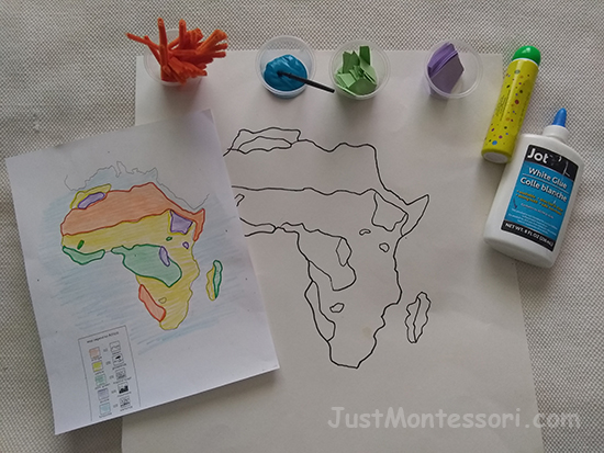 You can make an outline of the map on a poster board and use various materials such as sand, tissue paper, or paint and the children can make more of a physical type of map defining the biomes of Africa. 