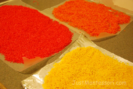 Colored rice can be used for pouring as well as spooning exercises for the Practical Life area.